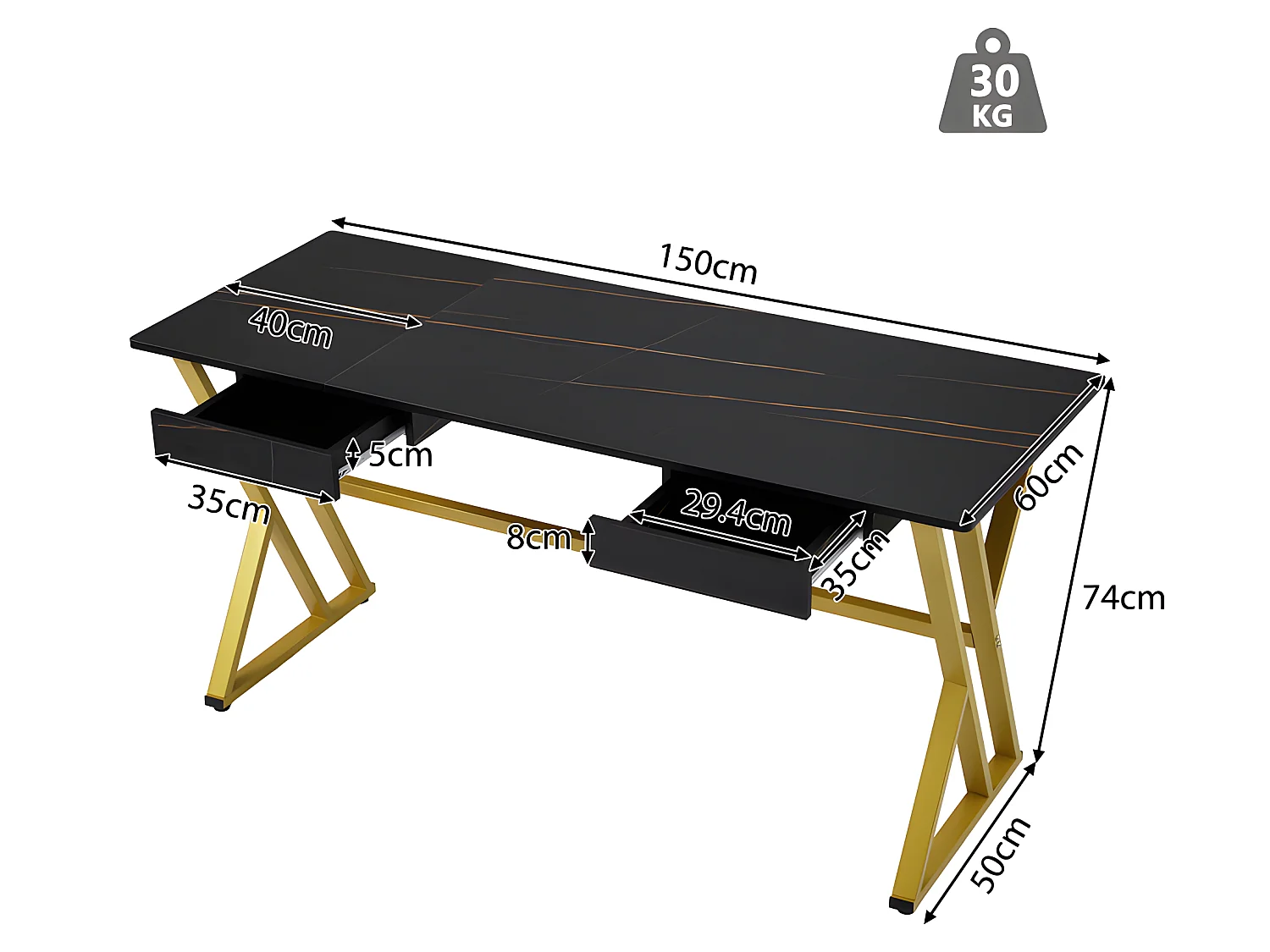 Multifunctioneel bureau met 2 lades - marmerpatroon fineer - Zwart & Goud