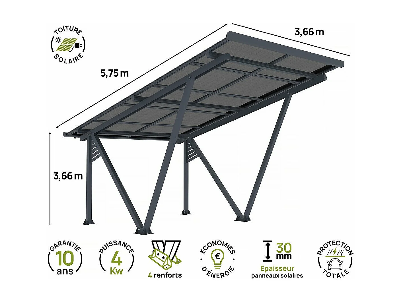 Estacionamento solar com painéis fotovoltaicos integrados - 4,1 kW - Cinza frio - 366 x 575 x 366 cm