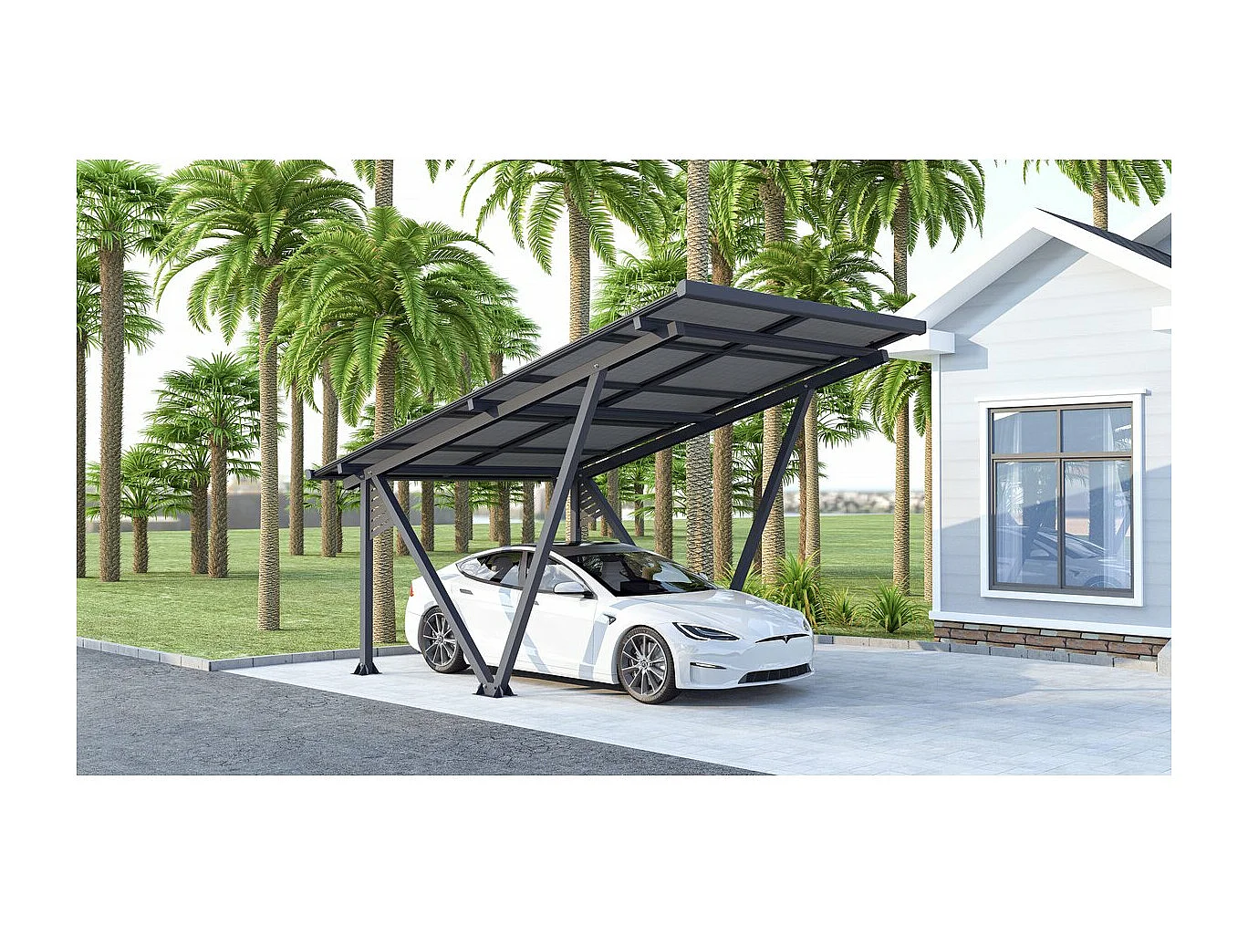 Ombrière Carport solaire avec panneaux photovoltaïques - 366 x 575 x 366 cm - Gris - 4,1 kW