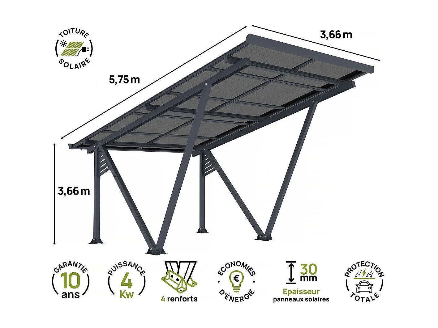 Schattenspendendes Solar-Carpot mit Photovoltaik-Paneelen - 366 x 575 x 366 cm - Grau - 4,1 kW