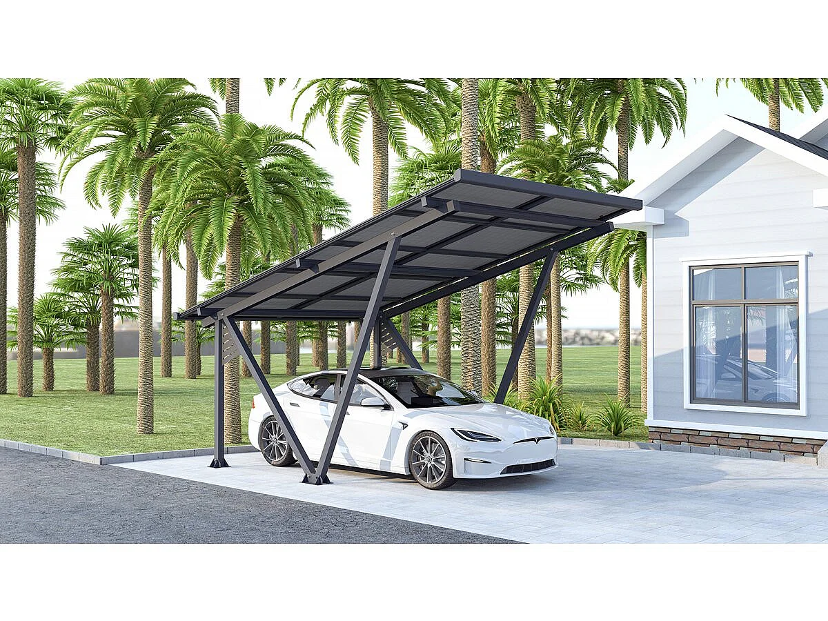 Moderno Estacionamento Solar de Alumínio com Painéis Fotovoltaicos Integrados - 4,1 kW - 366 x 575 x 366 cm - Cinza