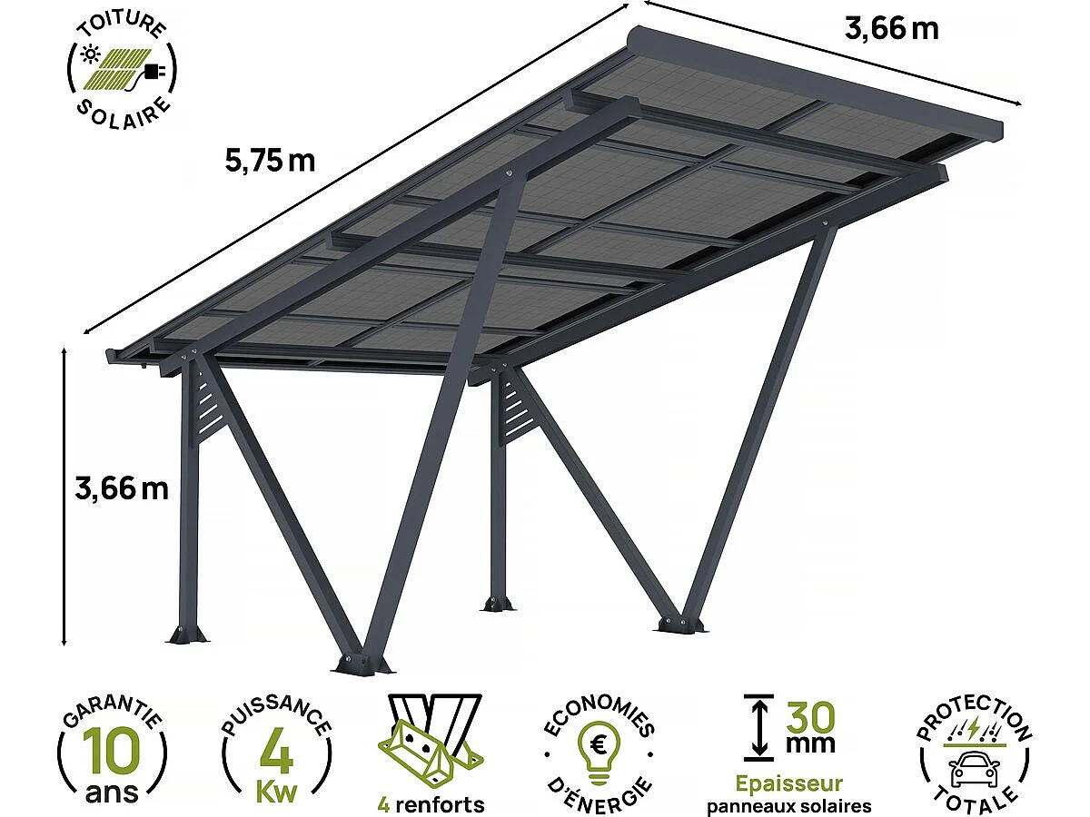 Moderno Estacionamento Solar de Alumínio com Painéis Fotovoltaicos Integrados - 4,1 kW - 366 x 575 x 366 cm - Cinza