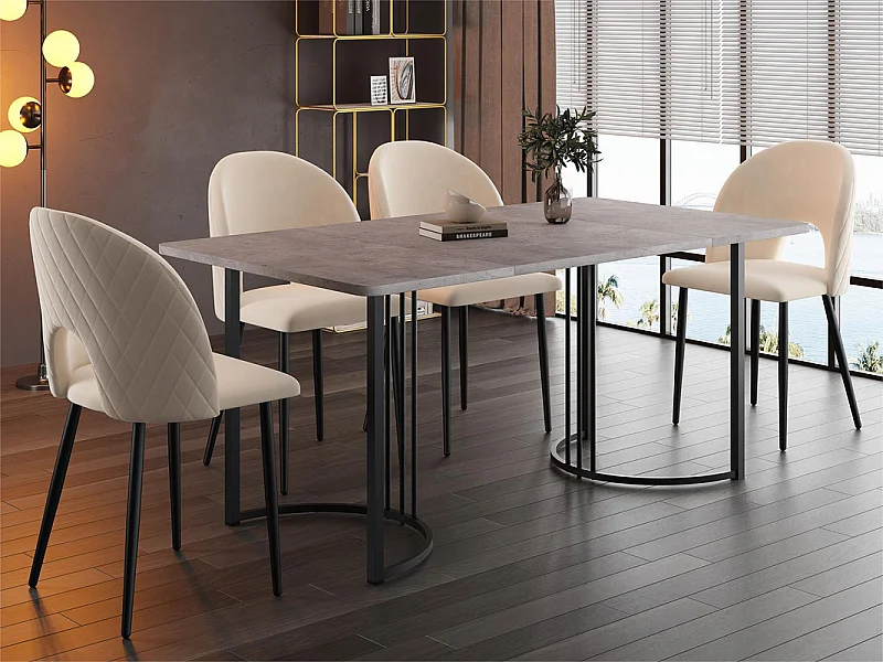 Table à manger 140x80 cm avec pieds réglables - structure en métal - placage à motif marbre - Gris & Noir