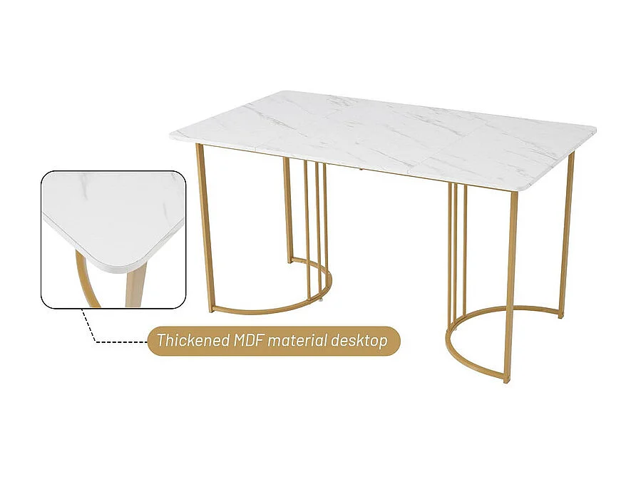 Table à manger 140x80 cm avec pieds réglables - structure en métal - placage à motif marbre - Blanc & Doré