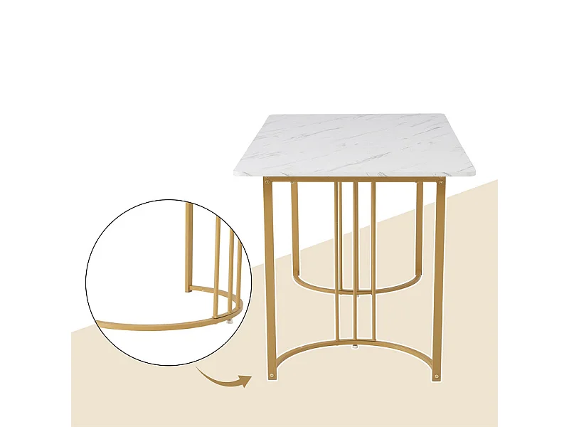 Table à manger 140x80 cm avec pieds réglables - structure en métal - placage à motif marbre - Blanc & Doré