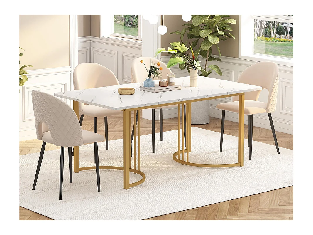 Table à manger 140x80 cm avec pieds réglables - structure en métal - placage à motif marbre - Blanc & Doré