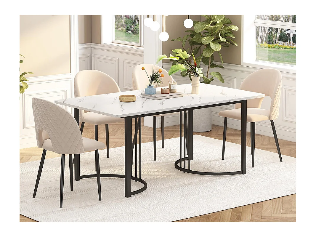 Table à manger 140x80 cm avec pieds réglables - structure en métal - placage à motif marbre - Blanc & Noir