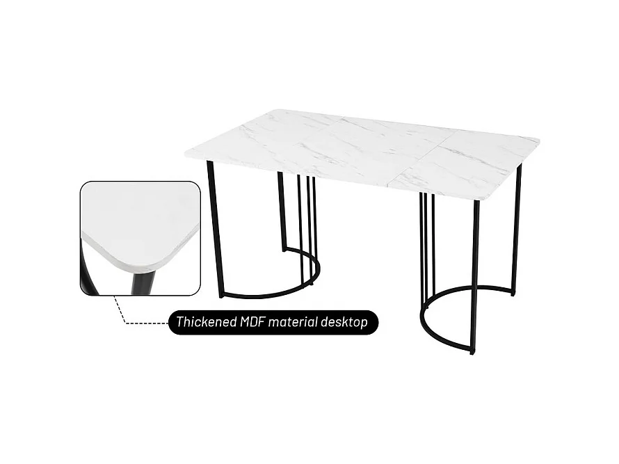 Esstisch 140 x 80 cm mit verstellbaren Beinen – Metallstruktur – Furnier mit Marmormuster – Weiß und Schwarz