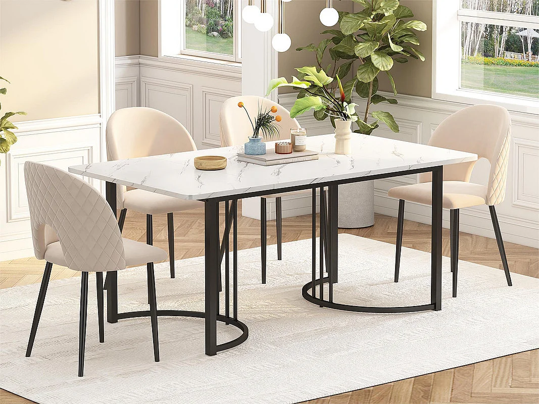 Eettafel 140x80 cm met verstelbare poten - metalen structuur - marmerpatroon fineer - Wit & Zwart