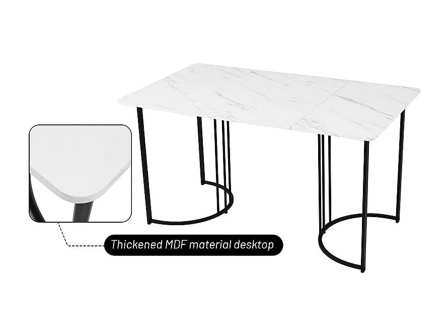 Eettafel 140x80 cm met verstelbare poten - metalen structuur - marmerpatroon fineer - Wit & Zwart