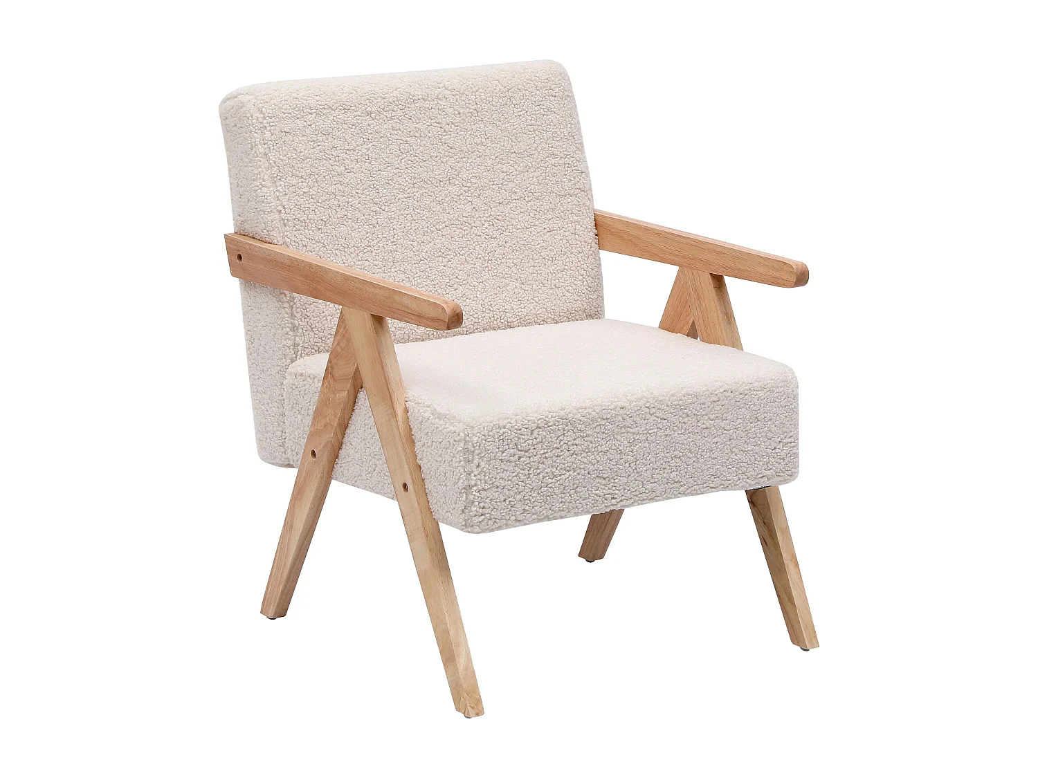 Fauteuil de salon en bois massif et bouclette blanche