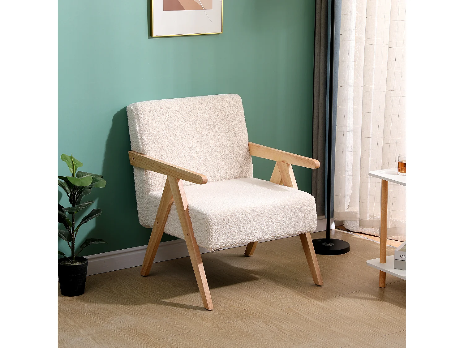 Fauteuil de salon en bois massif et bouclette blanche