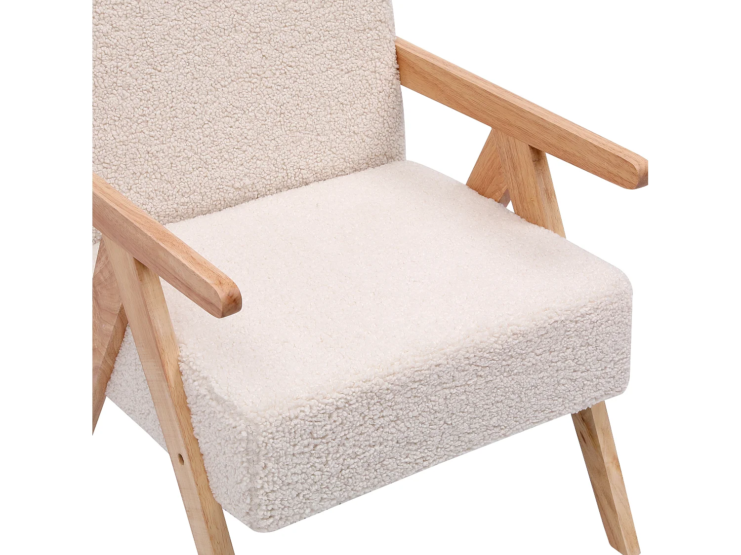 Fauteuil de salon en bois massif et bouclette blanche