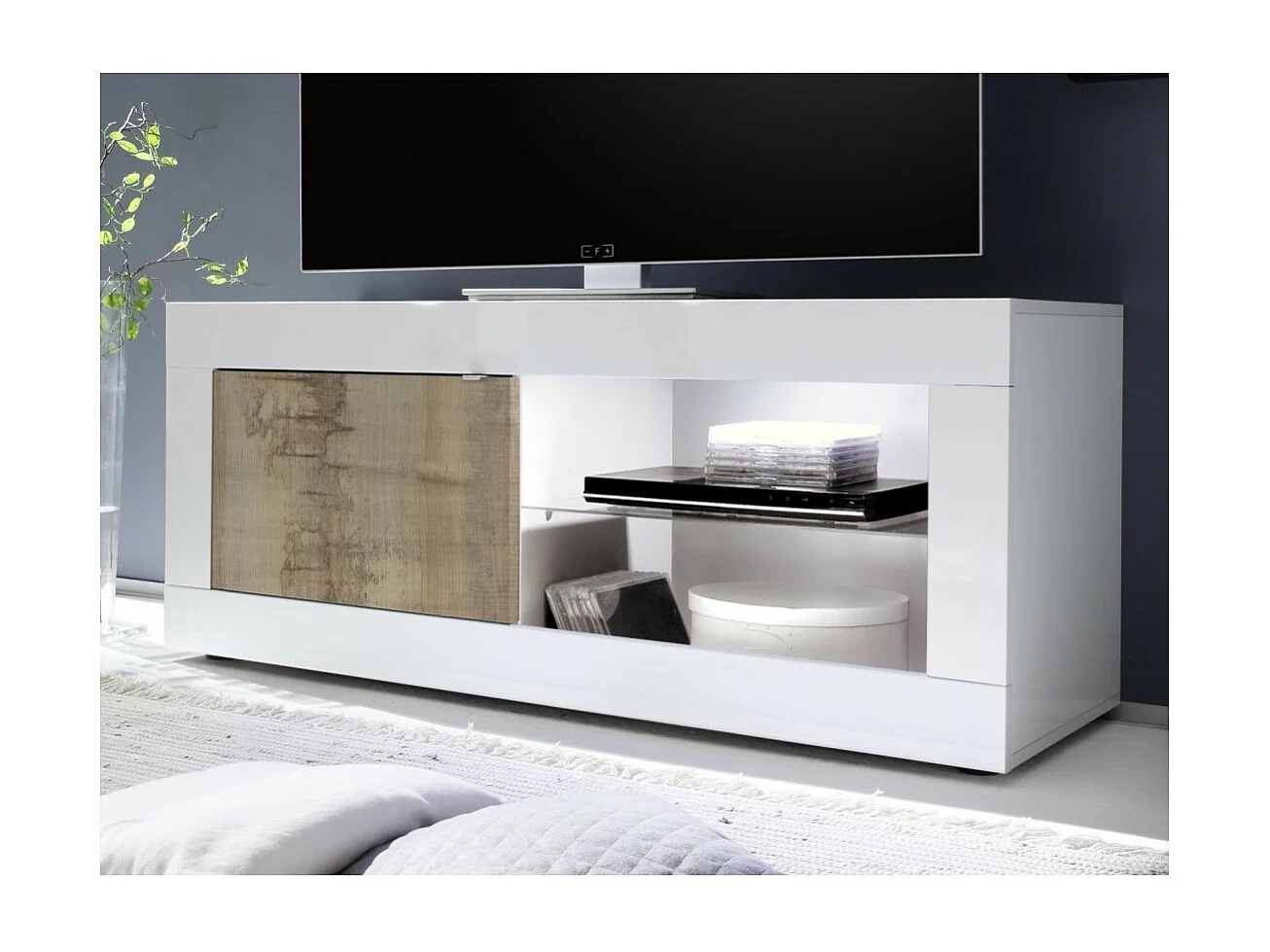 Möbel TV 1 Tür, Kollektion ISORA, Farbe glänzend weiß lackiert und helles Eichenholz