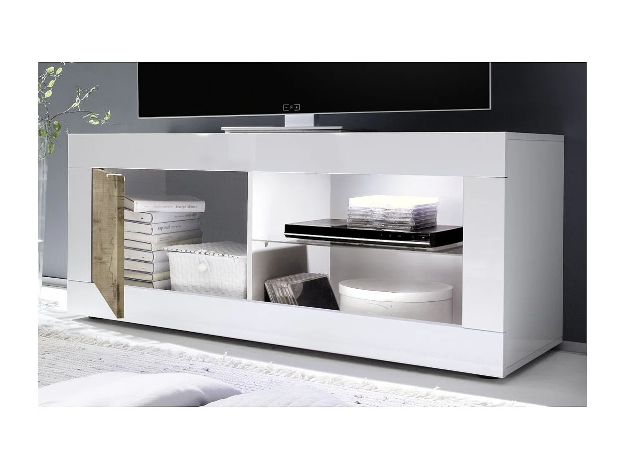 Möbel TV 1 Tür, Kollektion ISORA, Farbe glänzend weiß lackiert und helles Eichenholz