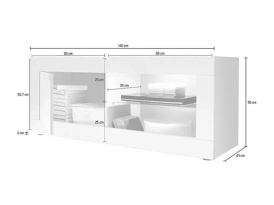 Möbel TV 1 Tür, Kollektion ISORA, Farbe glänzend weiß lackiert und helles Eichenholz