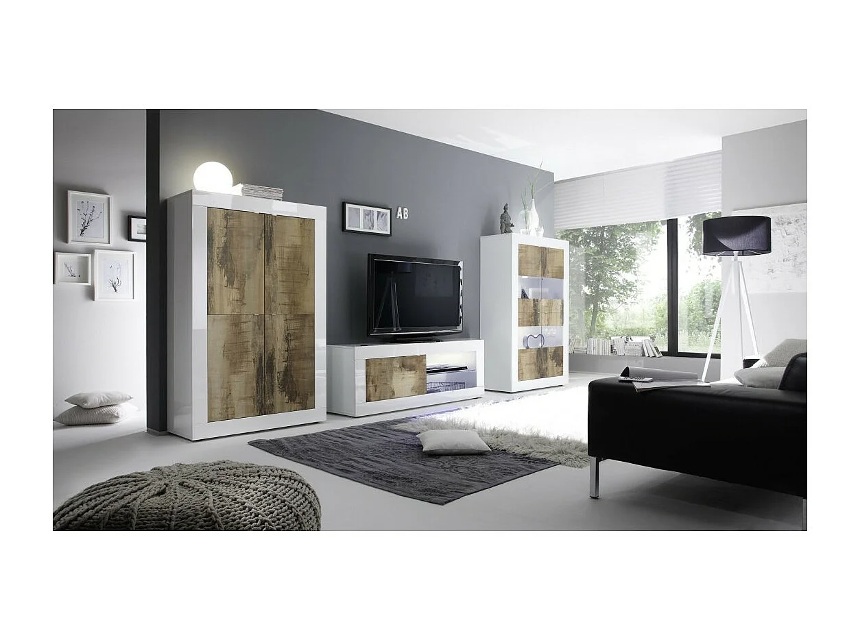 Möbel TV 1 Tür, Kollektion ISORA, Farbe glänzend weiß lackiert und helles Eichenholz