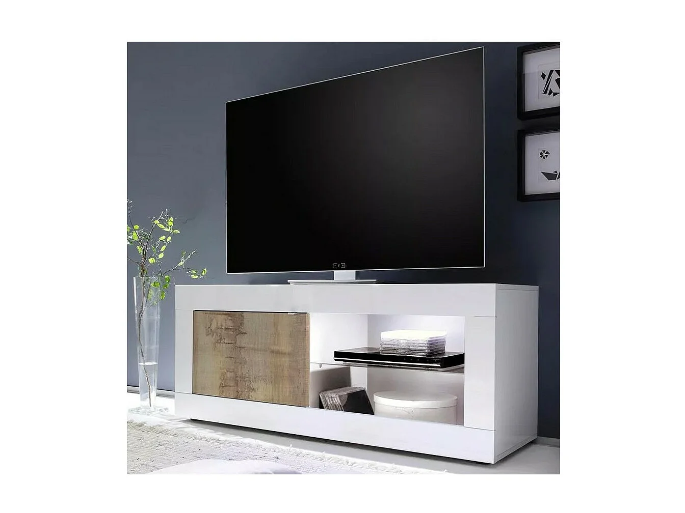 Möbel TV 1 Tür, Kollektion ISORA, Farbe glänzend weiß lackiert und helles Eichenholz