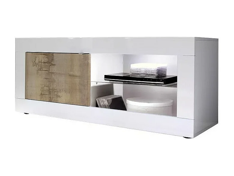 Meubel TV 1 deur, collectie ISORA, kleur glanzend wit gelakt en licht eiken