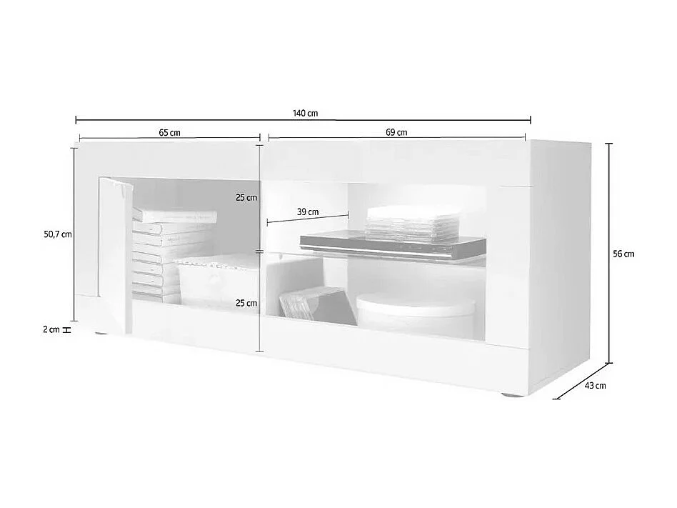 Móvel para TV com 1 porta, coleção CISA, cor branca laqueada brilhante e cinza efeito concreto.