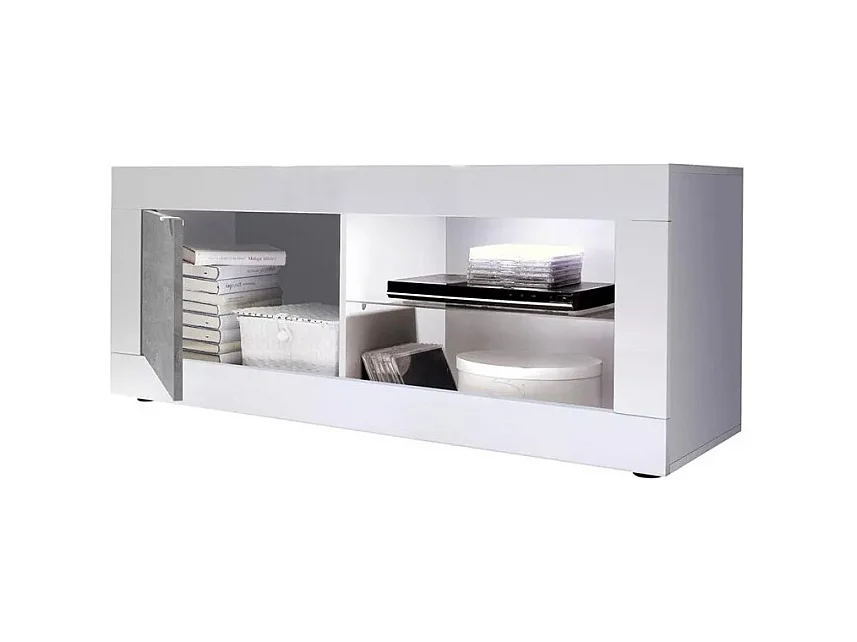 Meuble TV 1 porte, collection ISORA, coloris blanc laqué brillant et gris effet béton