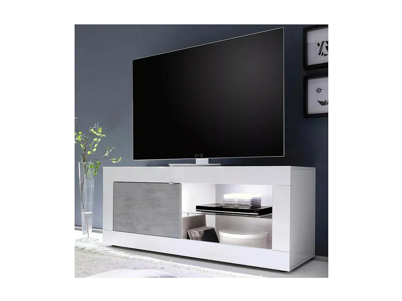 Meubel TV 1 deur, collectie ISORA, kleur glanzend wit gelakt en grijs betoneffect