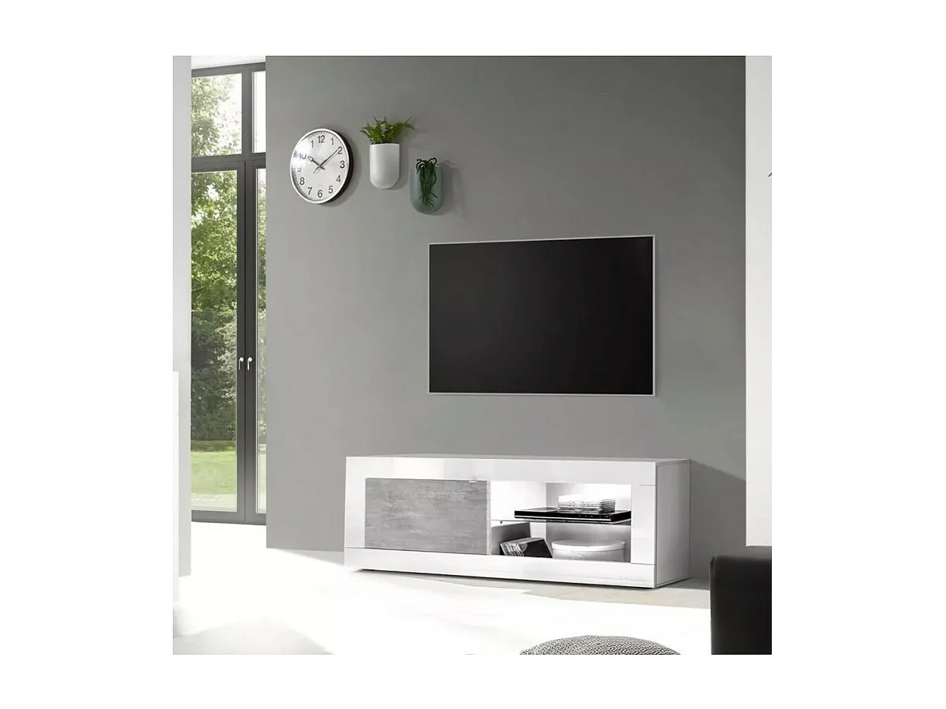 Meubel TV 1 deur, collectie ISORA, kleur glanzend wit gelakt en grijs betoneffect