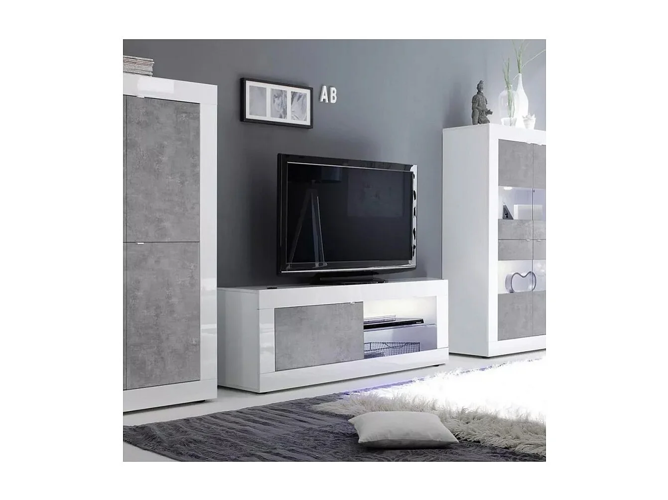 Meubel TV 1 deur, collectie ISORA, kleur glanzend wit gelakt en grijs betoneffect