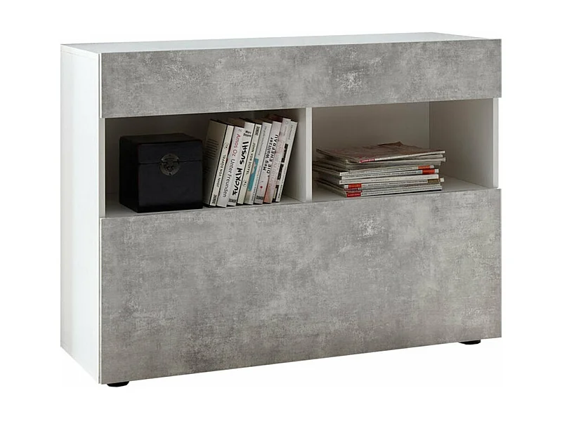 Buffet 1 tiroir et 1 porte abattante, collection SULTANO, coloris blanc effet béton, idéal pour votre salon