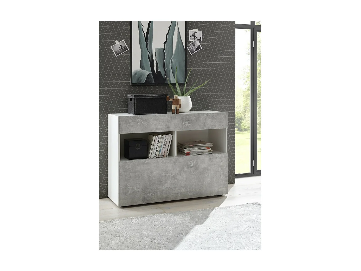 Buffet 1 tiroir et 1 porte abattante, collection SULTANO, coloris blanc effet béton, idéal pour votre salon