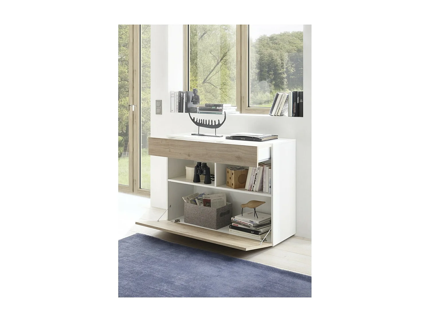 Buffet 1 tiroir et 1 porte abattante, collection SULTANO, coloris blanc et chêne clair, idéal pour votre salon