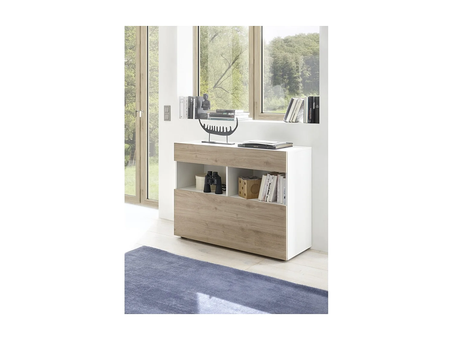 Buffet 1 tiroir et 1 porte abattante, collection SULTANO, coloris blanc et chêne clair, idéal pour votre salon