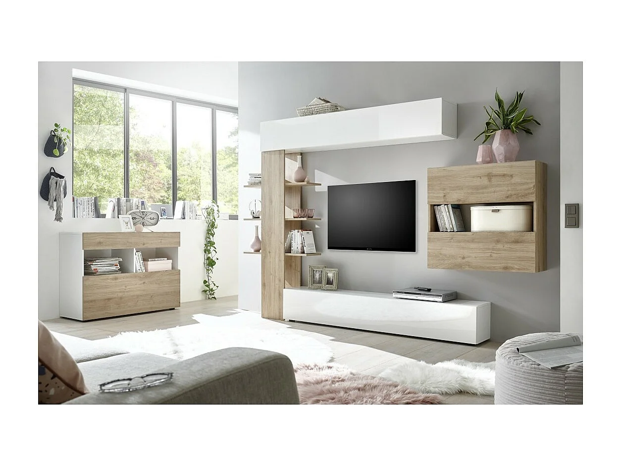 Buffet 1 tiroir et 1 porte abattante, collection SULTANO, coloris blanc et chêne clair, idéal pour votre salon