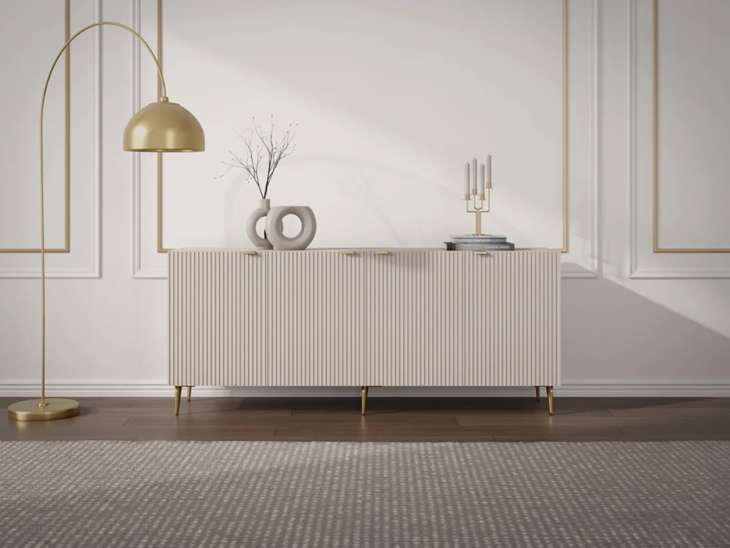 Buffet avec 4 portes en MDF et acier - Beige et Doré - YESINIA
