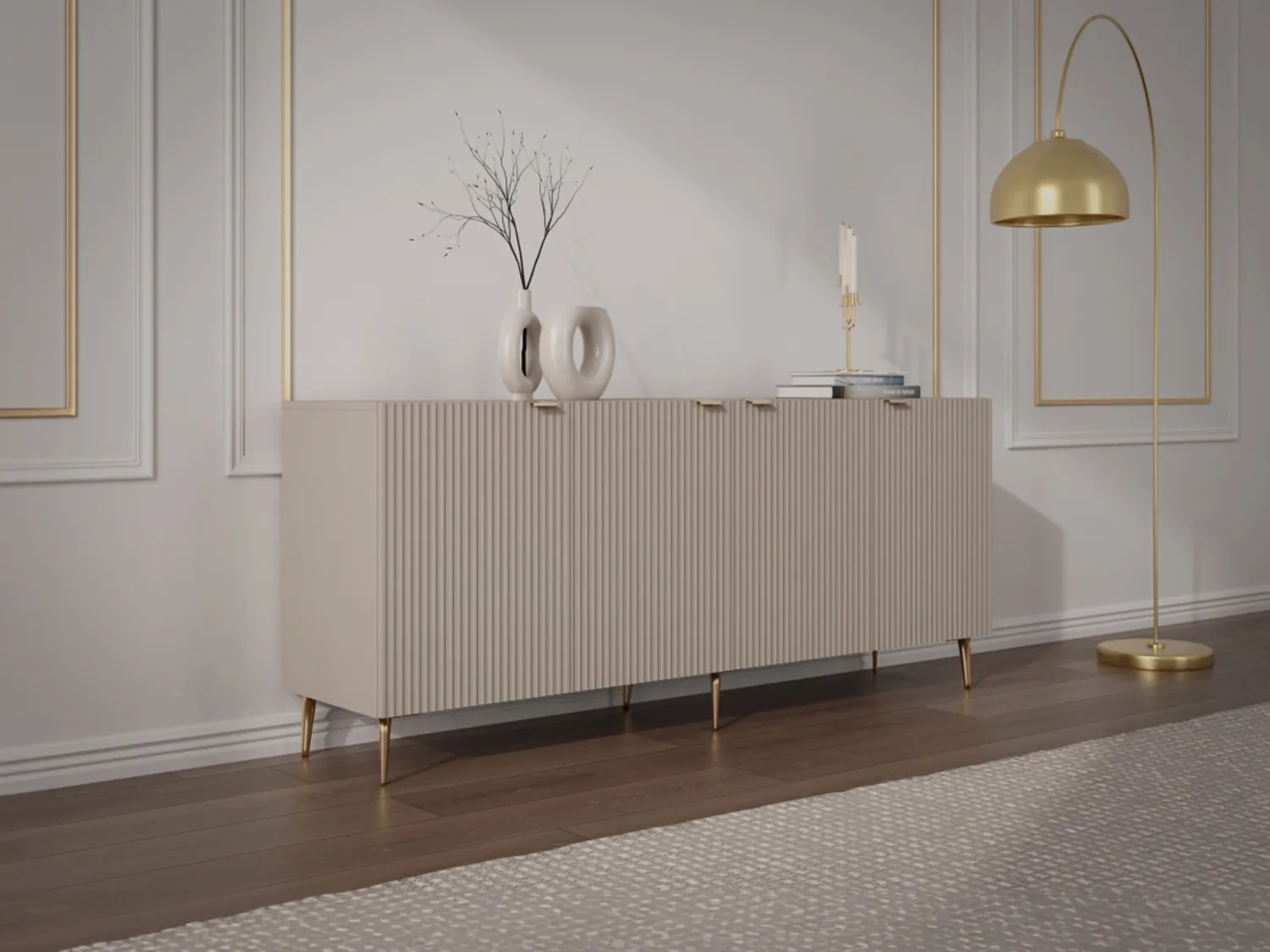 Buffet avec 4 portes en MDF et acier - Beige et Doré - YESINIA