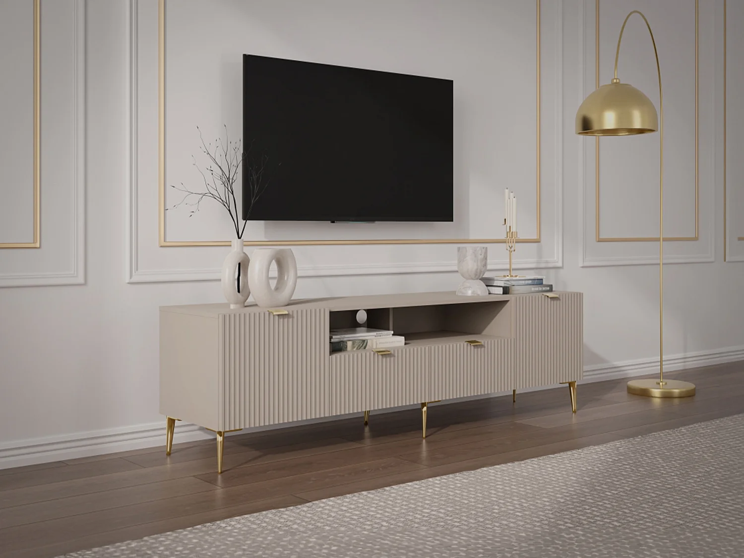 TV-Möbel mit 2 Türen, 2 Schubladen & 2 Ablagefächern - MDF & Stahl - Beige & Goldfarben - YESINIA