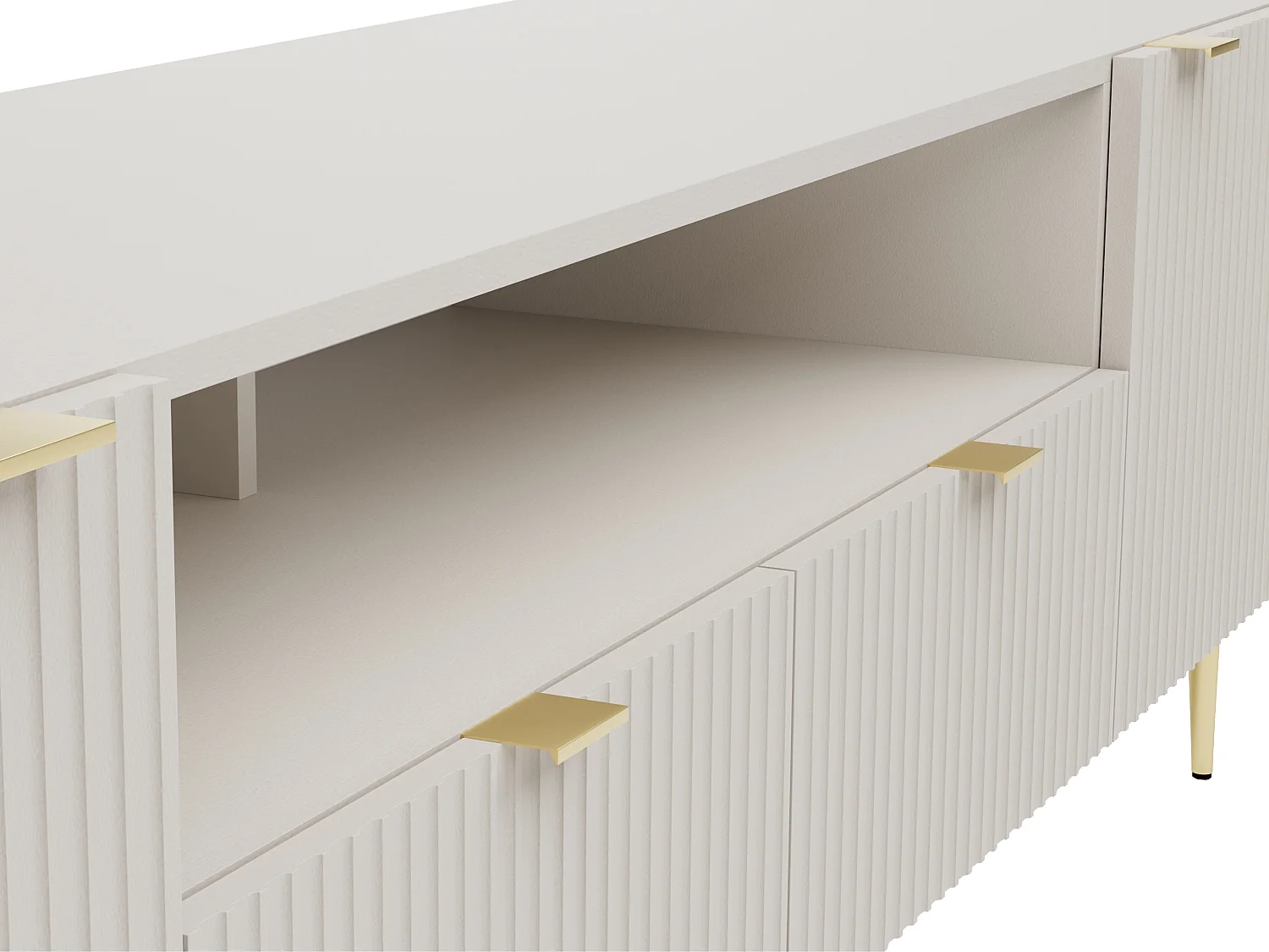 Móvel de TV com 2 portas, 2 gavetas e 2 nichos MDF e aço bege e dourado - YESINIA