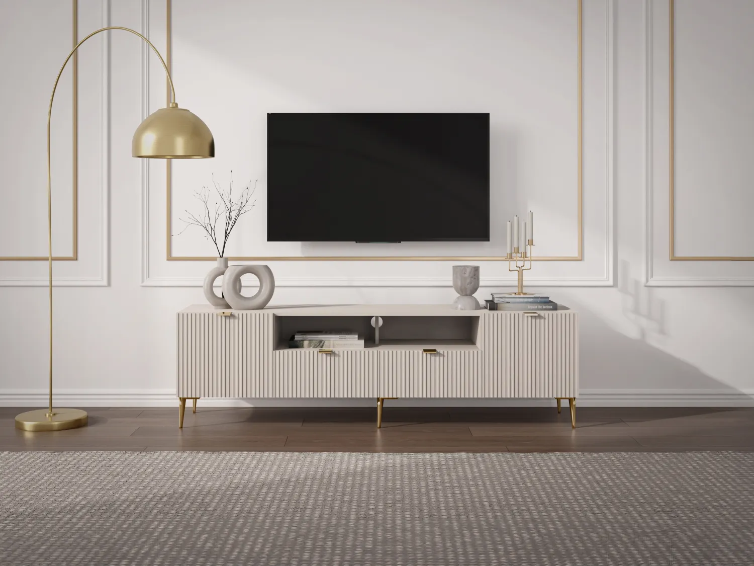 Meuble TV avec 2 portes, 2 tiroirs et 2 niches en MDF et acier - Beige et Doré - YESINIA