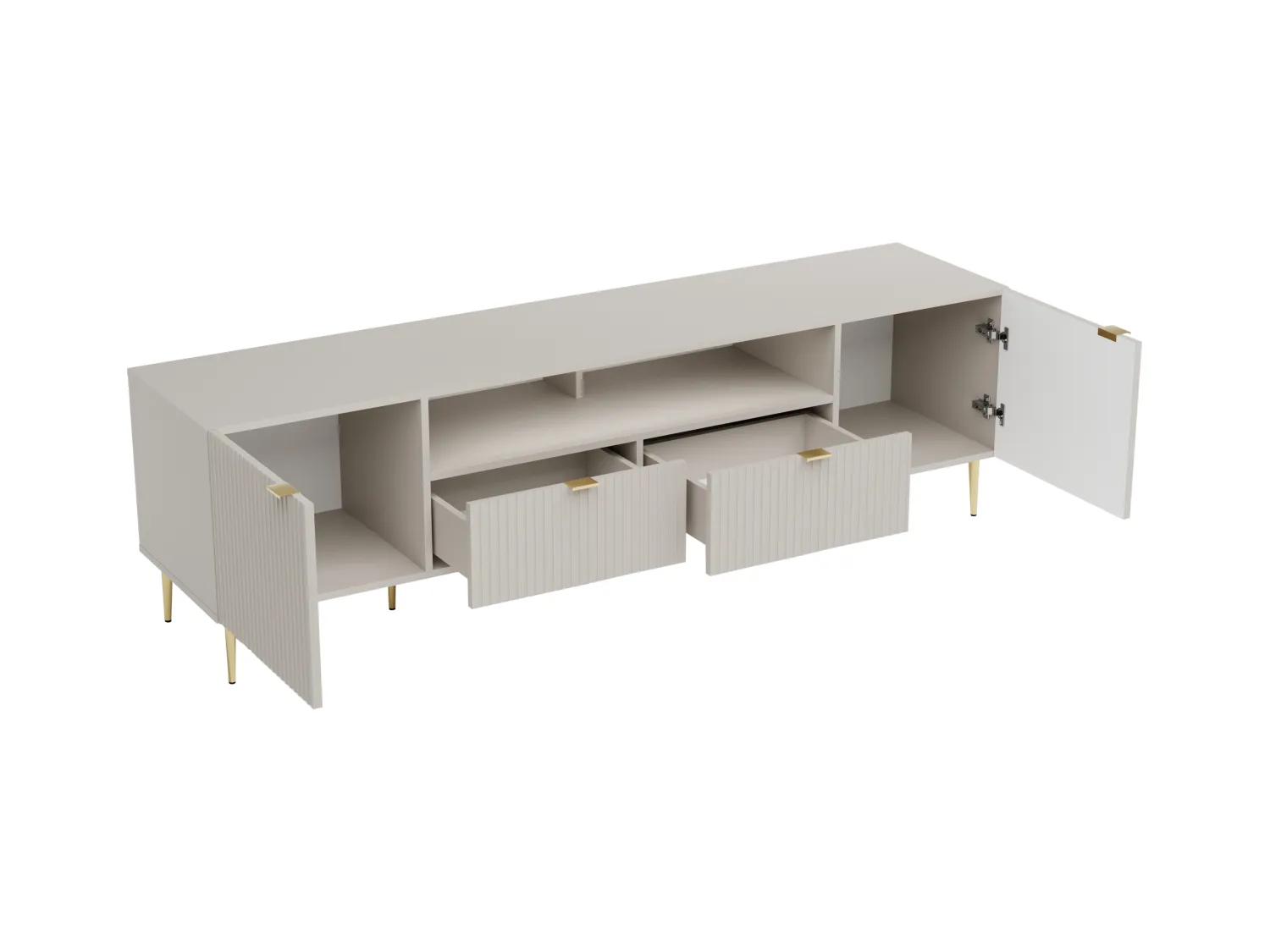 Mueble de TV con 2 puertas, 2 cajones y 2 nichos en MDF y acero - Beige y Dorado - YESINIA