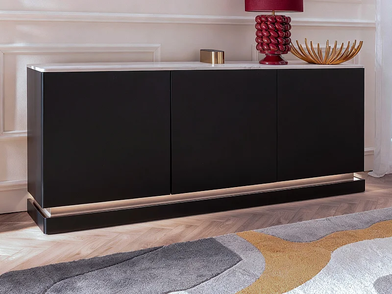 Buffet 3 portes avec LEDs en MDF - Noir et effet marbre blanc - DEVIKA de Pascal MORABITO