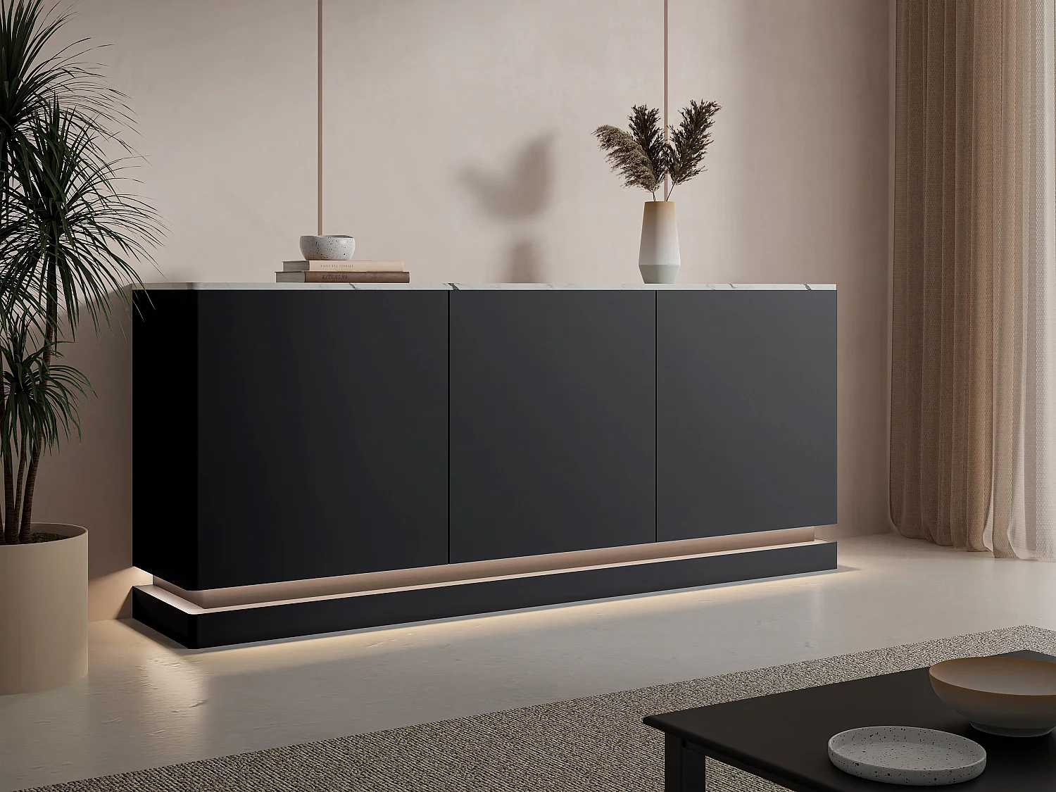 Sideboard mit 3 Türen - Mit LED-Beleuchtung - MDF - Schwarz & weiße Marmor-Optik - DEVIKA von Pascal MORABITO