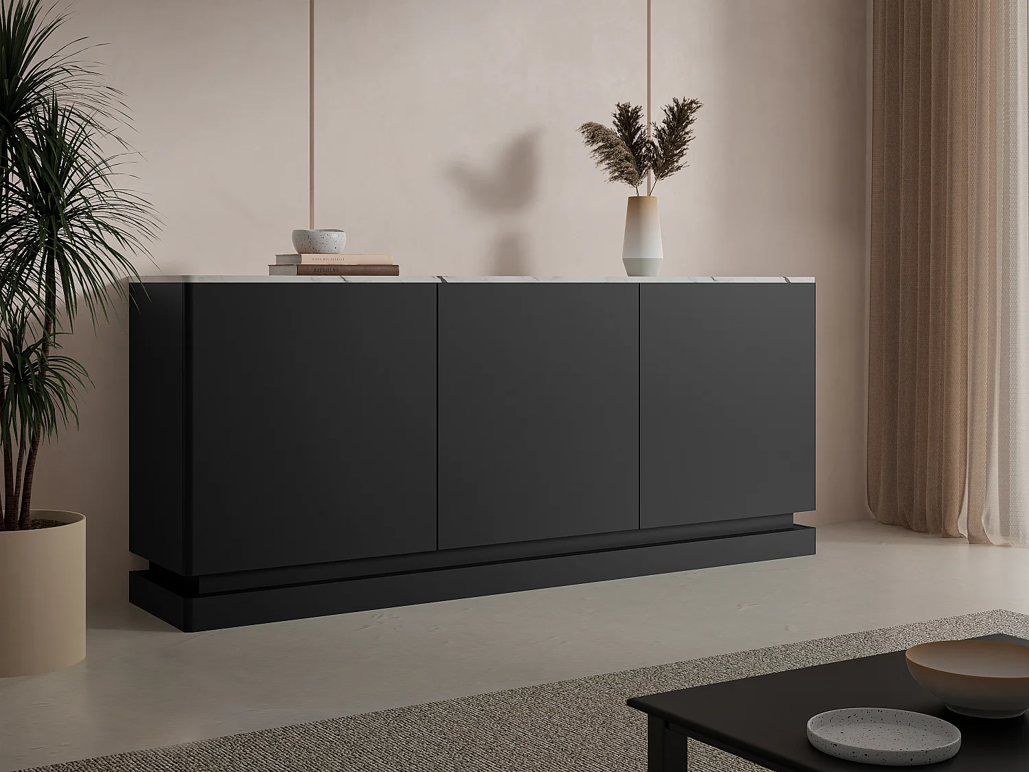 Sideboard mit 3 Türen - Mit LED-Beleuchtung - MDF - Schwarz & weiße Marmor-Optik - DEVIKA von Pascal MORABITO