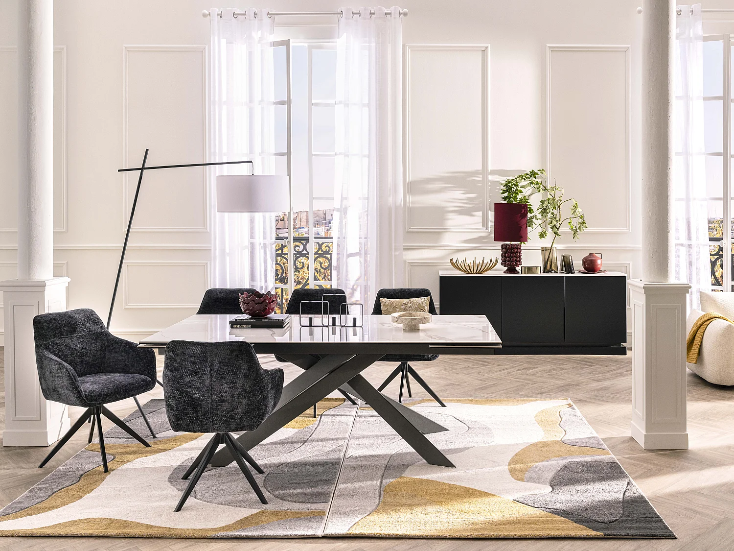 Sideboard mit 3 Türen - Mit LED-Beleuchtung - MDF - Schwarz & weiße Marmor-Optik - DEVIKA von Pascal MORABITO