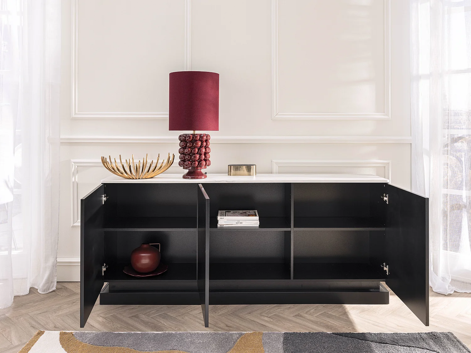 Buffet 3 portes avec LEDs en MDF - Noir et effet marbre blanc - DEVIKA de Pascal MORABITO