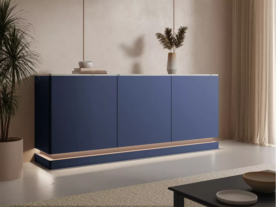 Kauf Unique Sideboard mit 3 Türen - Mit LED-Beleuchtung - MDF - Blau & weiße Marmor-Optik - DEVIKA von Pascal MORABITO