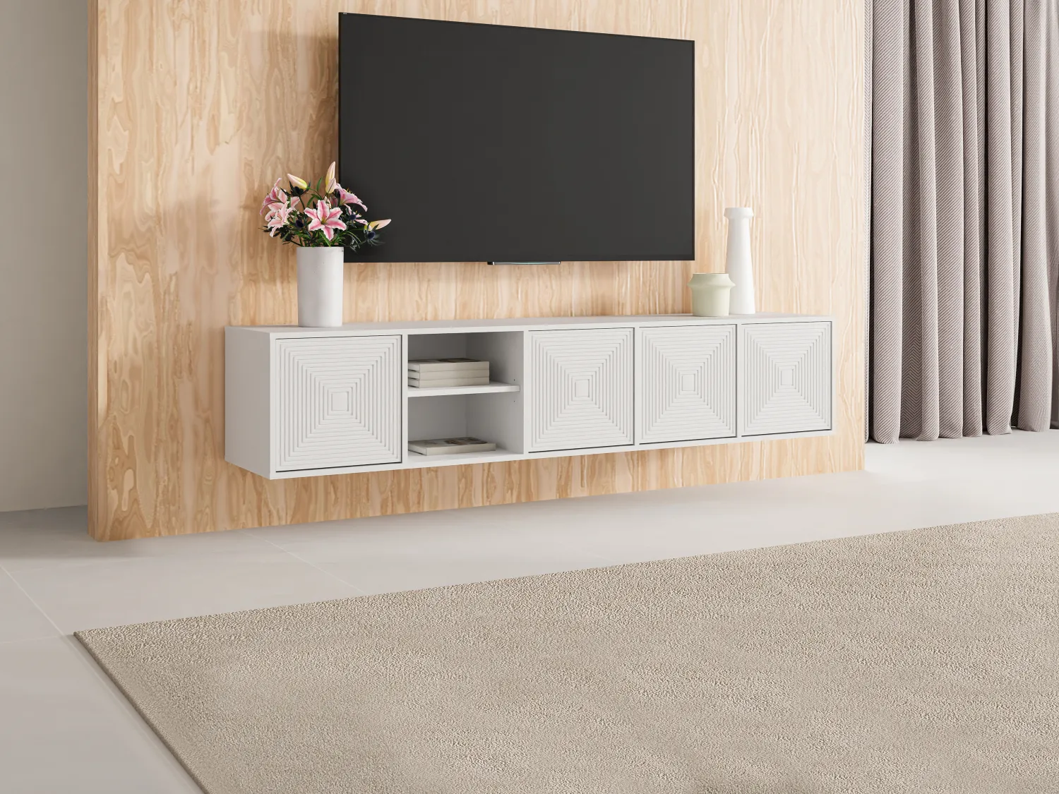 Mueble TV flotante con 4 puertas y 2 estantes en MDF - Blanco - MEZULIA