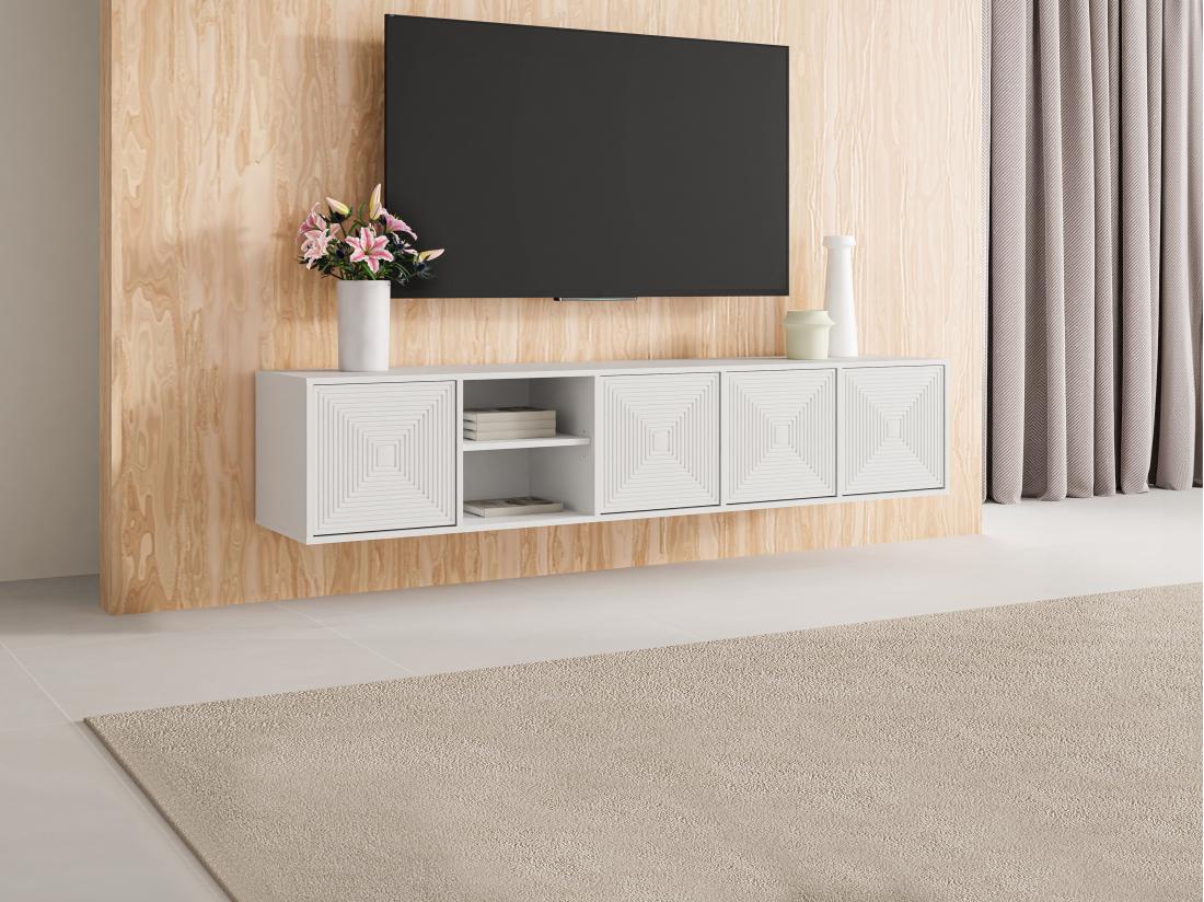 vente unique Meuble TV suspendu ou à poser avec 4 portes et 2 niches en MDF - Blanc - MEZULIA