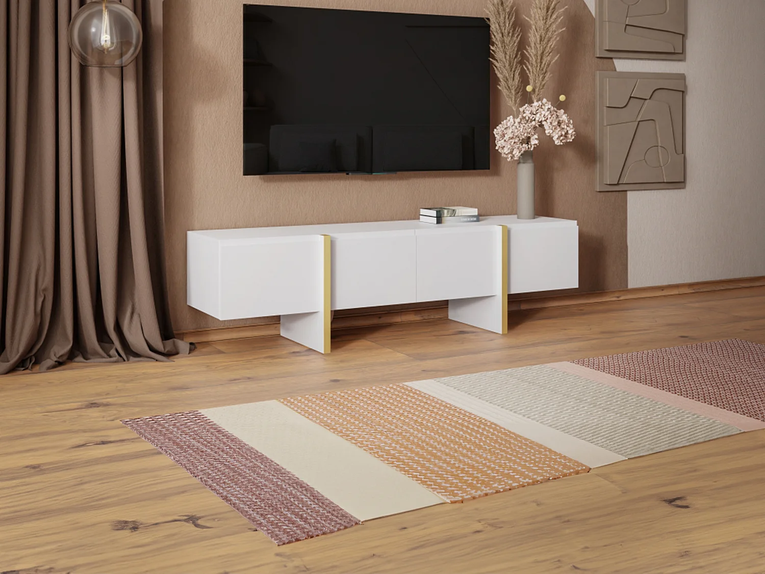 Meuble TV avec 4 portes en MDF - Blanc et Doré - LUVONIA