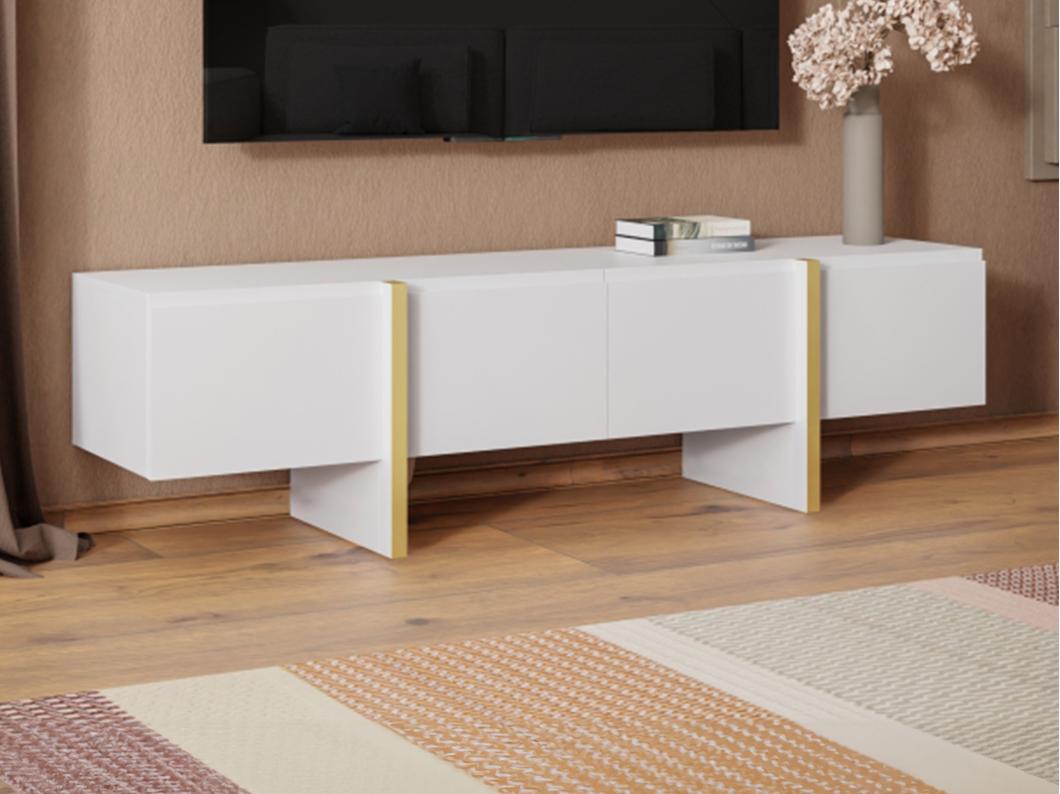 Móvel de TV com 4 portas em MDF branco e dourado - LUVONIA