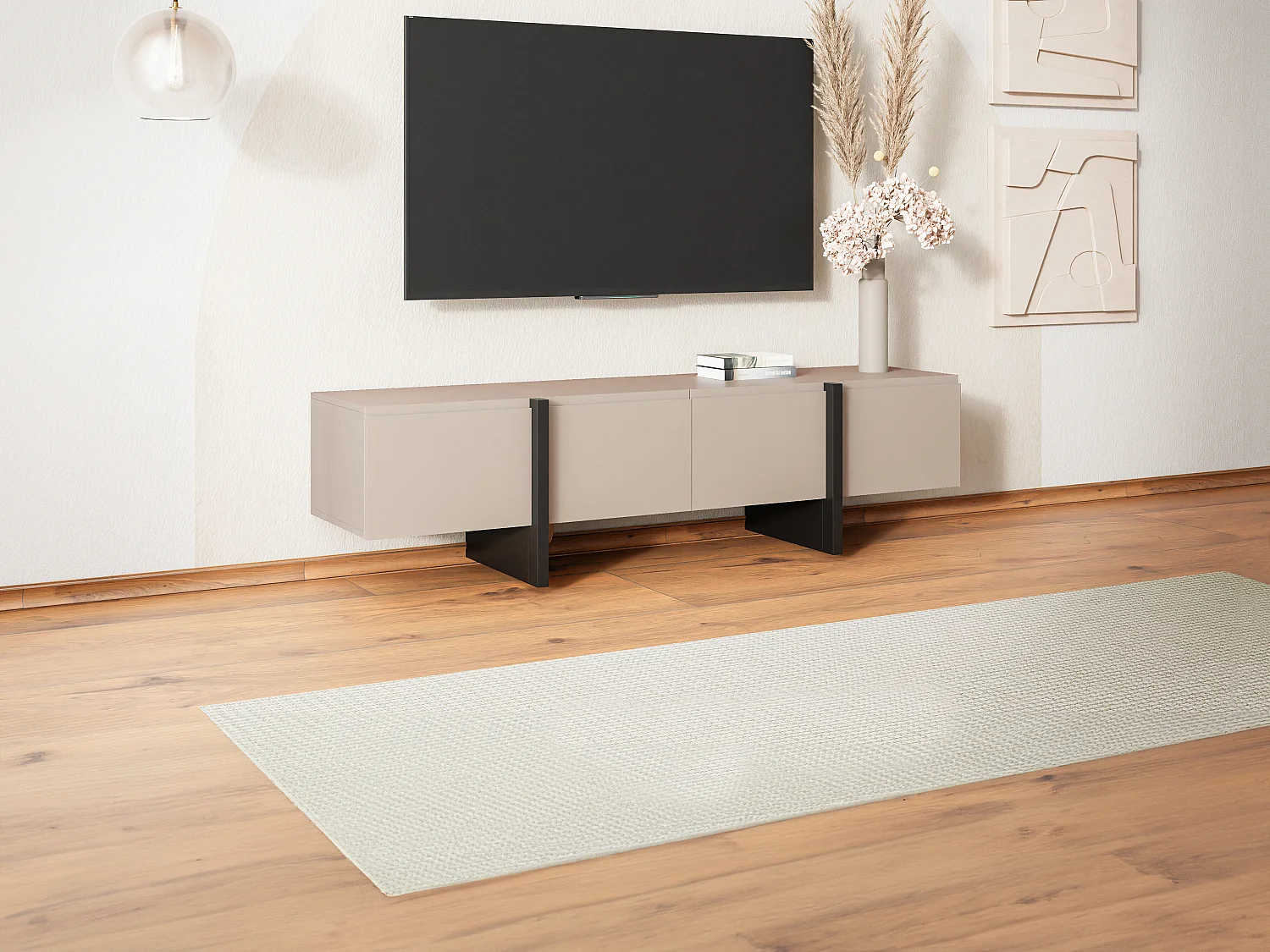Meuble TV avec 4 portes en MDF - Beige et Noir - LUVONIA